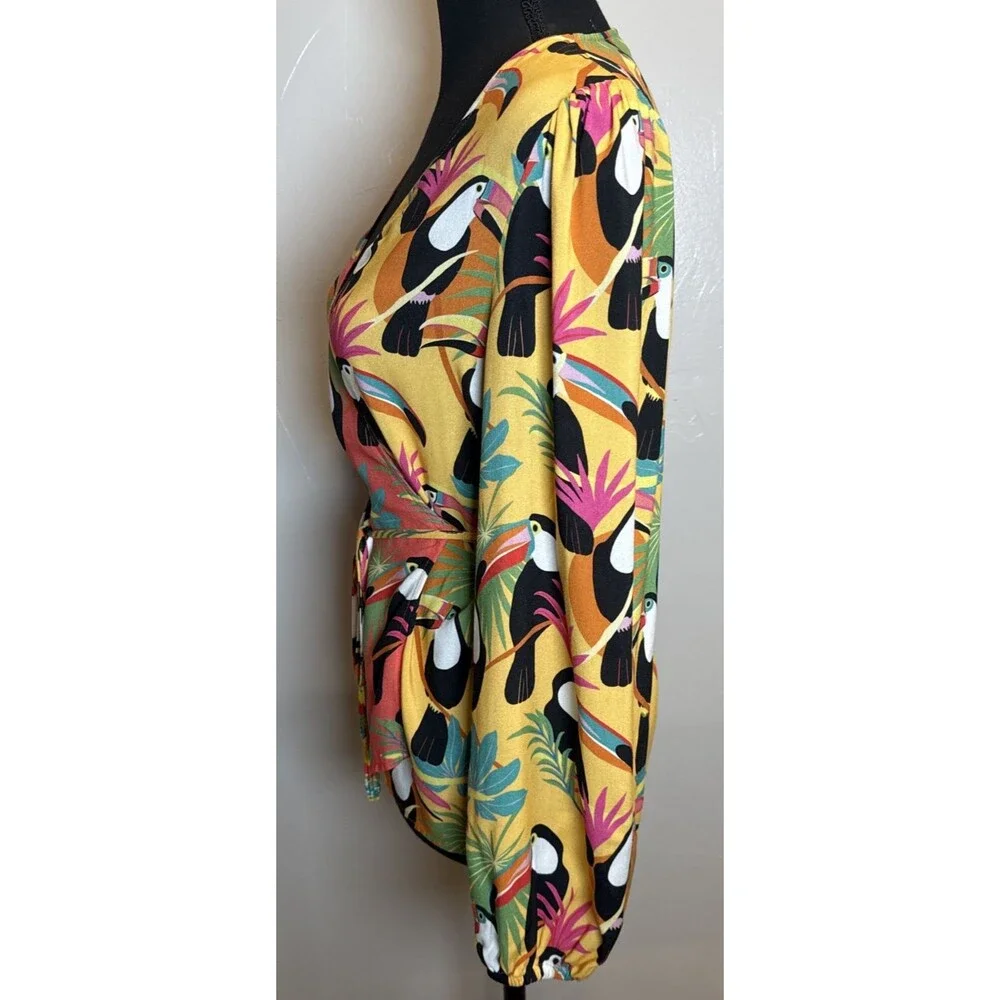 Farm Rio for Anthropologie Rainforest Toucan Wrap Blouse Size XS Beaded Tassel